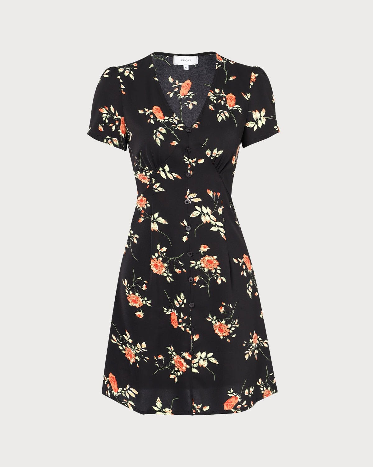 Diana - The Black V Neck Floral Button Up Mini Dress