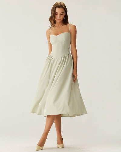 Ava - Green Square Neck Pocket Slip Midi Dress