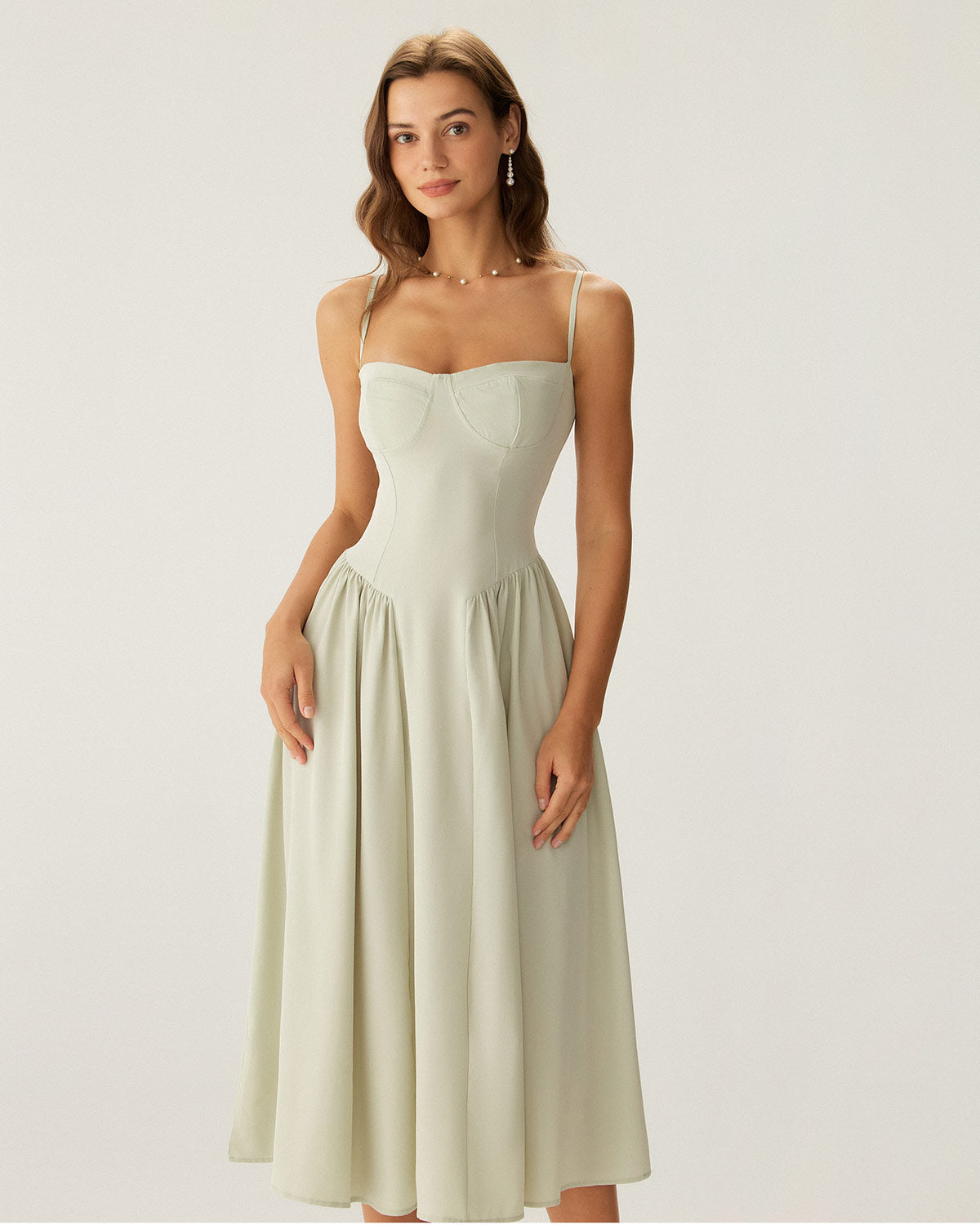 Ava - Green Square Neck Pocket Slip Midi Dress