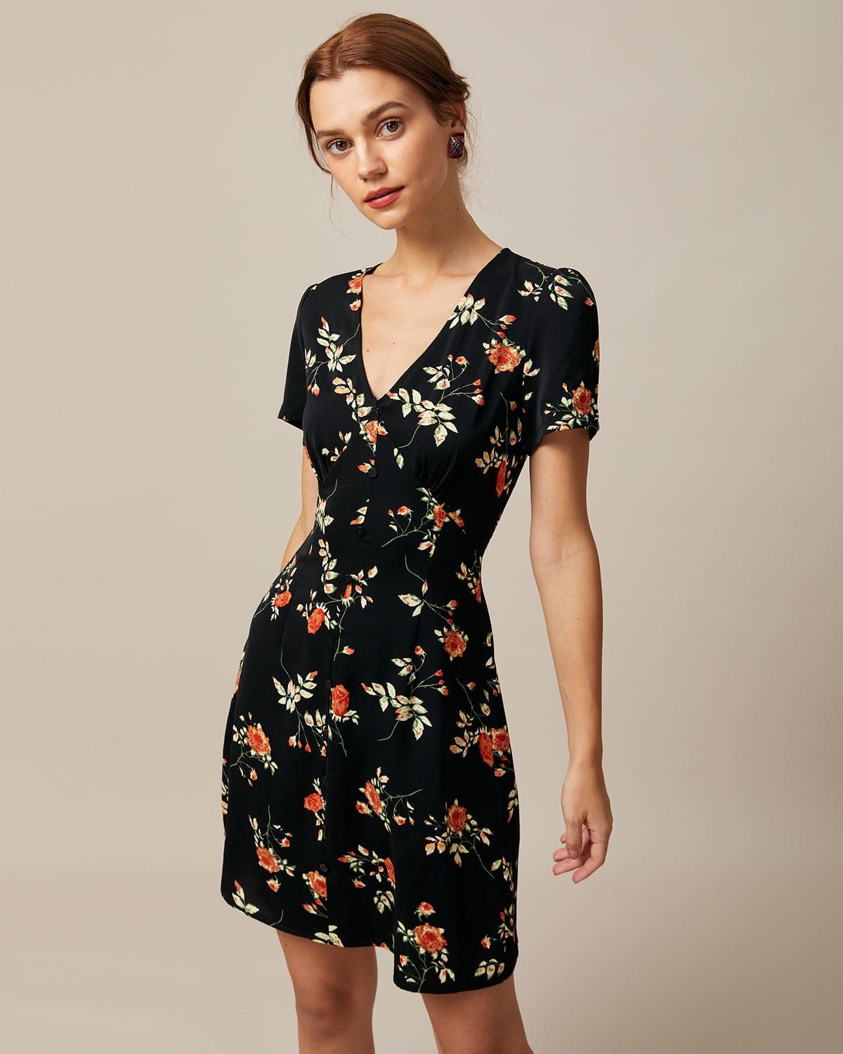Diana - The Black V Neck Floral Button Up Mini Dress