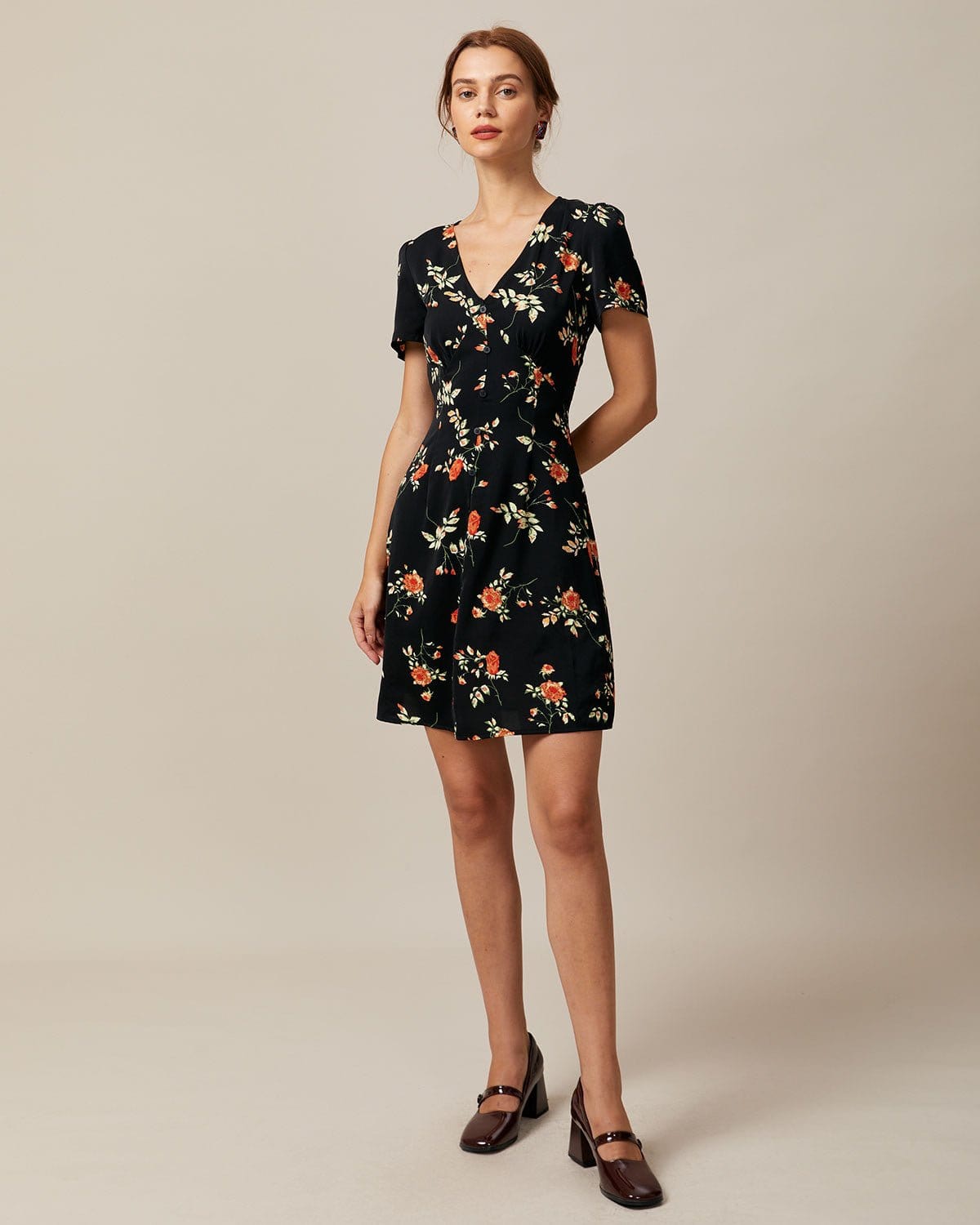 Diana - The Black V Neck Floral Button Up Mini Dress