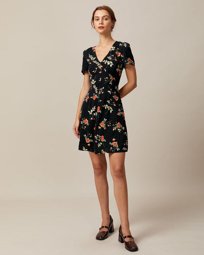 Diana - The Black V Neck Floral Button Up Mini Dress