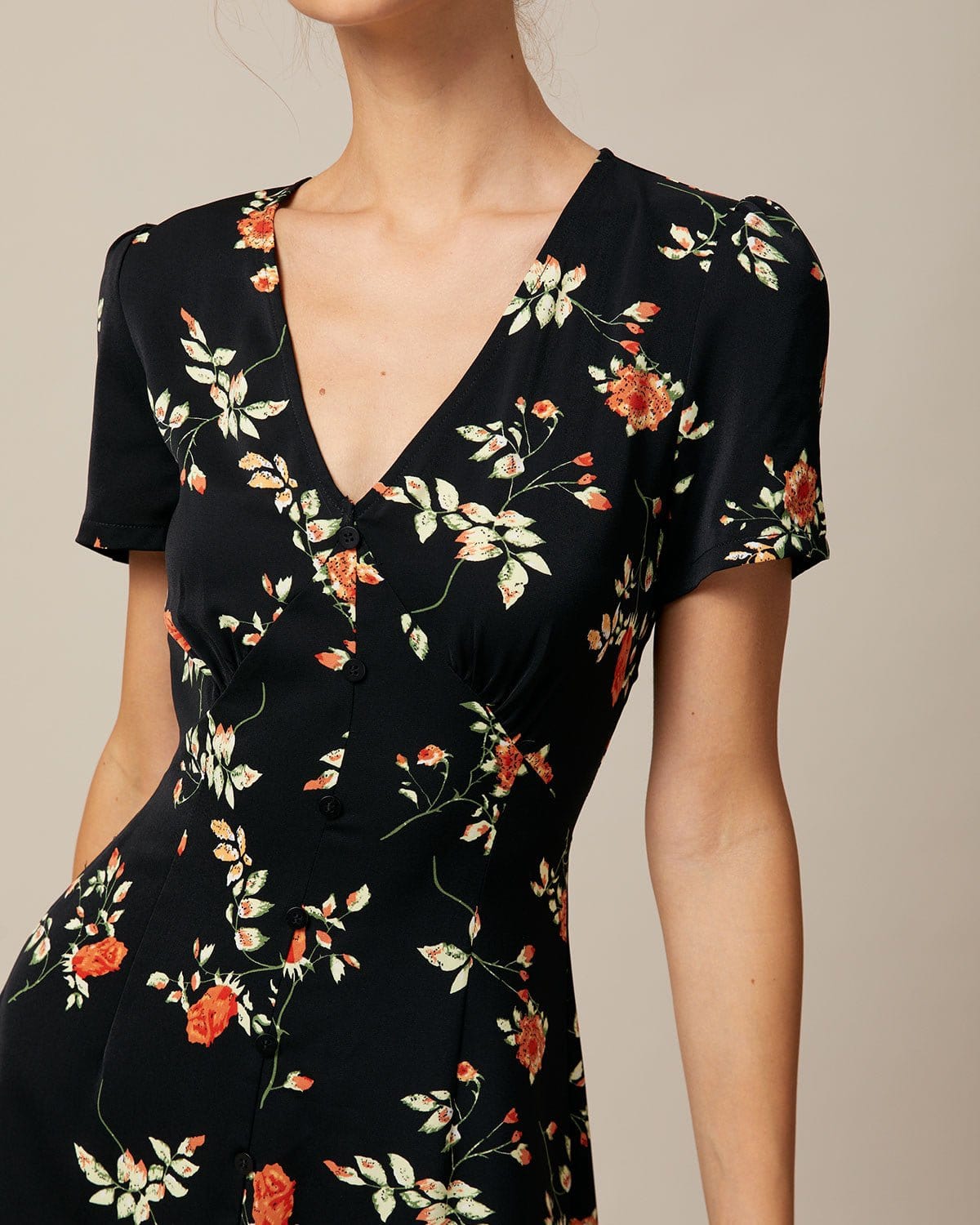 Diana - The Black V Neck Floral Button Up Mini Dress