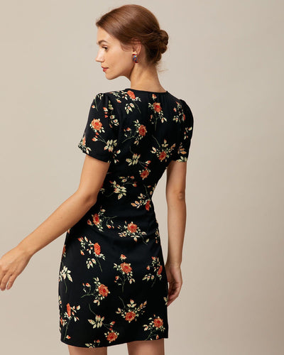 Diana - The Black V Neck Floral Button Up Mini Dress